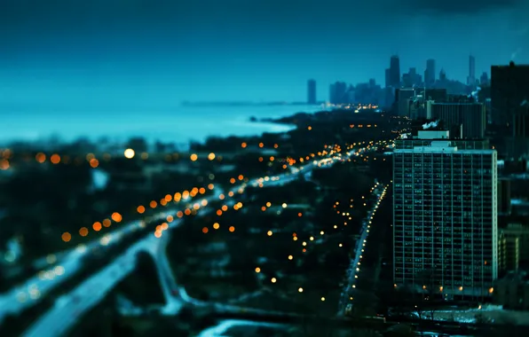Картинка зима, закат, огни, здания, небоскребы, Чикаго, красиво, америка
