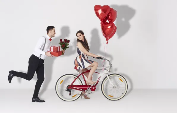 Картинка Девушка, Сердце, Розы, Двое, Велосипед, Шатенка, Мужчина, Valentine's Day