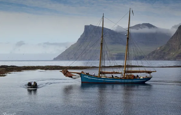 Горы, лодка, бухта, яхта, Дания, Faroe Islands, Фарерские острова, Denmark