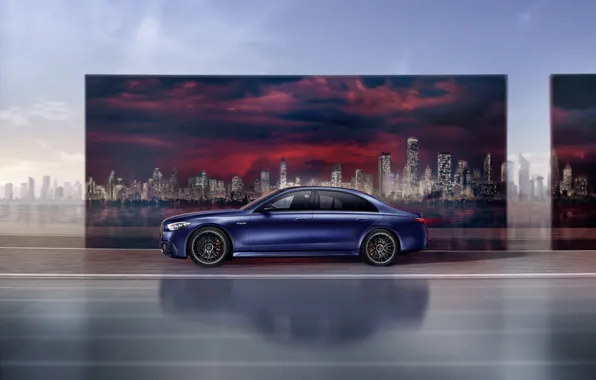 Картинка Mercedes-Benz, Синий, Сбоку, 2023, Full-sized luxury sedan, Mercedes-AMG S-Class, Полноразмерный роскошный седан