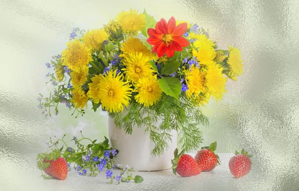 Лето, цветы, весна, клубника, натюрморт, одуванчики, обои на рабочий стол