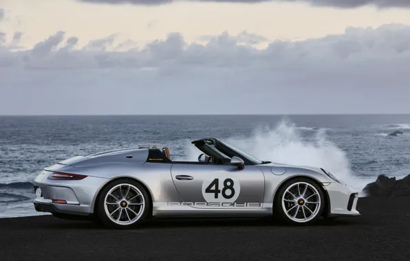 Море, 911, Porsche, профиль, Speedster, 991, 2019, серо-серебристый