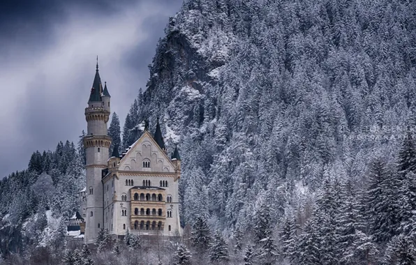 Картинка зима, лес, снег, горы, замок, Германия