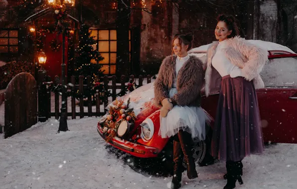 Машина, авто, снег, поза, девушки, настроение, забор, Рождество