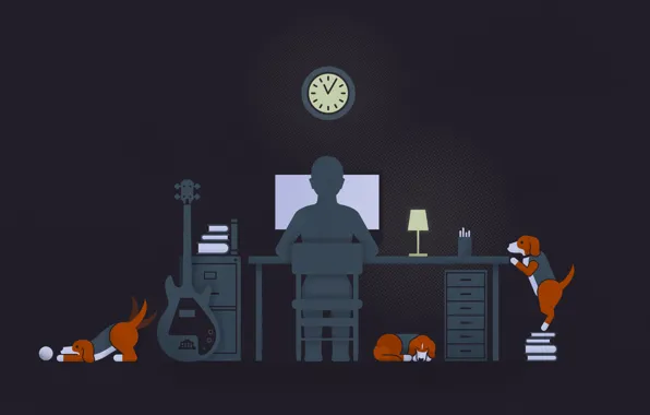 Компьютер, собаки, одиночество, черный, часы, лампа, гитара, парень