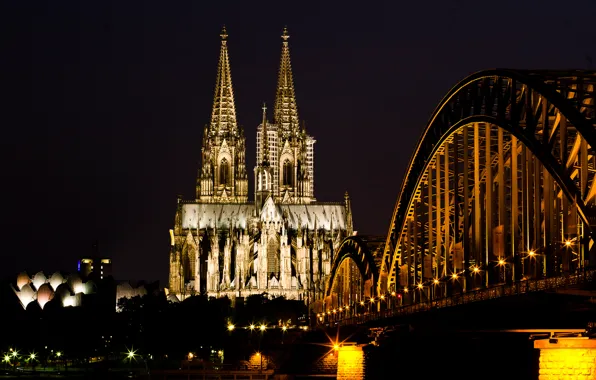 Картинка свет, ночь, мост, город, река, Германия, церковь, Germany
