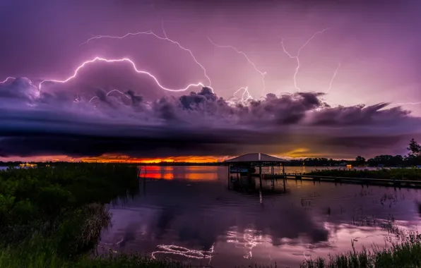 Тучи, озеро, стихия, молнии, непогода, Florida, Lake Charlotte, Sebring