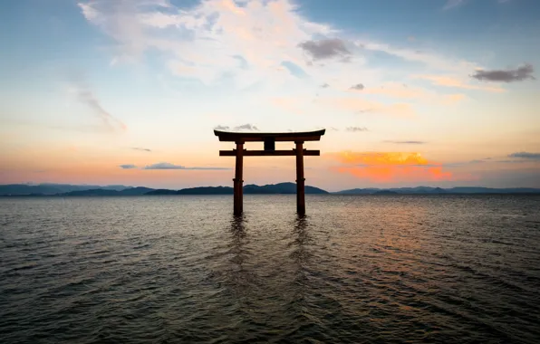 Картинка небо, пейзаж, океан, ворота, Япония, Japan, тории