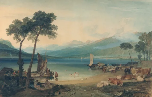 Картинка пейзаж, горы, лодка, картина, коровы, парус, Уильям Тёрнер, Женевское Озеро и Монблан