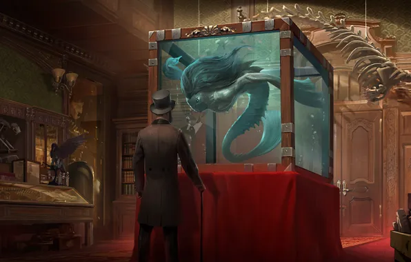 Картинка человек, книги, аквариум, шляпа, существо, двери, арт, трость