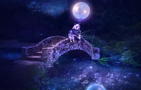 Картинка ночь, мост, река, панда, девочка, удочка, воздушный шар, рыбачит