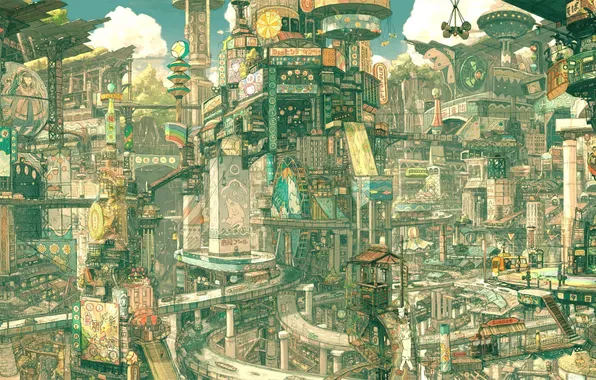 Картинка город, будущее, надписи, фантазия, азия, рисунок, здания, дороги