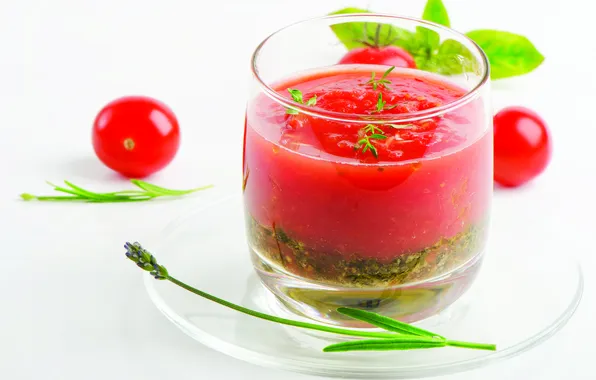 Зелень, стакан, помидоры, блюдце, салат, томатный сок