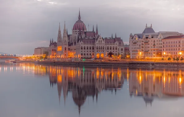 Огни, река, парламент, Венгрия, Будапешт, Дунай