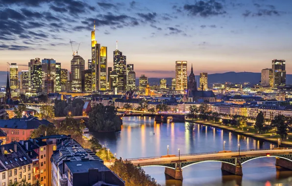 Огни, река, дома, вечер, Германия, мосты, Frankfurt
