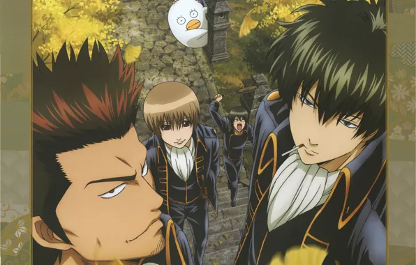 Листья, сигарета, лестница, gintama, гинтама, okita sougo, elizabeth, hijikata toushirou