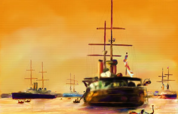 Лодка, корабли, картина, морской пейзаж