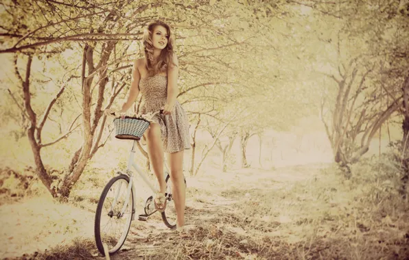 Листья, девушка, деревья, ветки, велосипед, фон, отдых, настроения