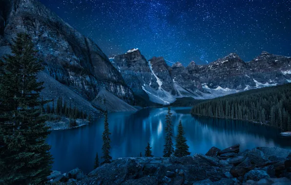 Картинка небо, пейзаж, горы, ночь, природа, озеро, отражение, скалы