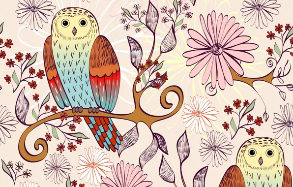 Картинка цветы, птицы, ветка, текстура, совы, листики