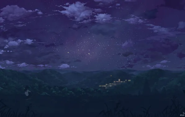 Картинка небо, девушка, звезды, облака, деревья, ночь, природа, город