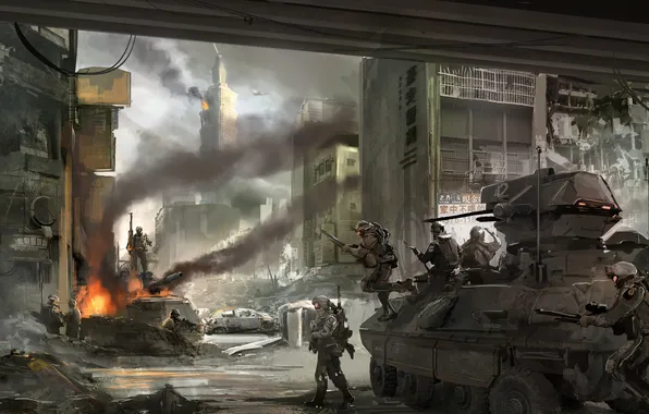 Картинка город, война, солдаты, танк