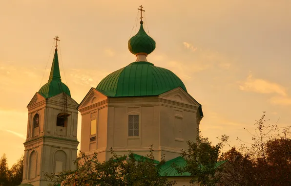Лес, деревья, закат, город, река, поля, вечер, Церковь