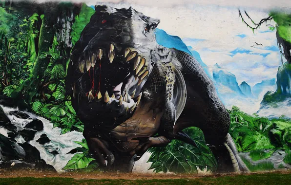 Стена, граффити, динозавр, пасть, Graffiti, рык, T-Rex