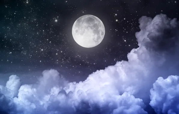 Картинка небо, звезды, облака, пейзаж, ночь, Луна, moon, лунный свет