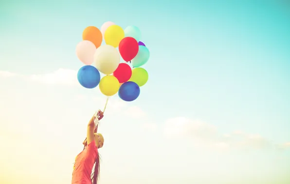 Небо, девушка, шарики, природа, girl, разноцветные, balls, sky