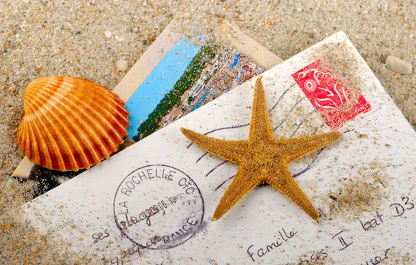 Песок, письмо, ракушка, морская звезда