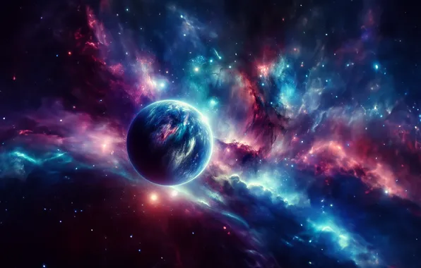 Картинка space, universe, red, blue, nebula, stars, dust, planet