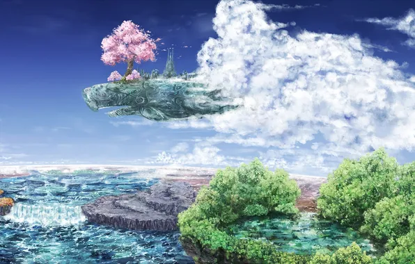 Картинка вода, облака, город, озеро, дерево, водопад, сакура, фэнтези