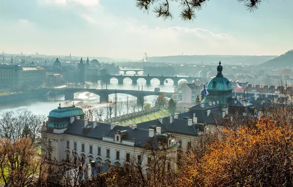 Город, река, вид, здания, Прага, Чехия, панорама, архитектура
