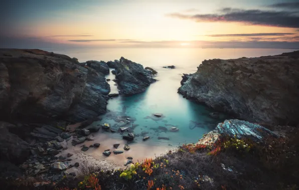 Beach, sea, sunrise, ships