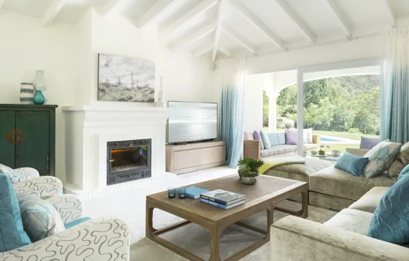 Pool, living room, interior, villa, fireplace, design. house