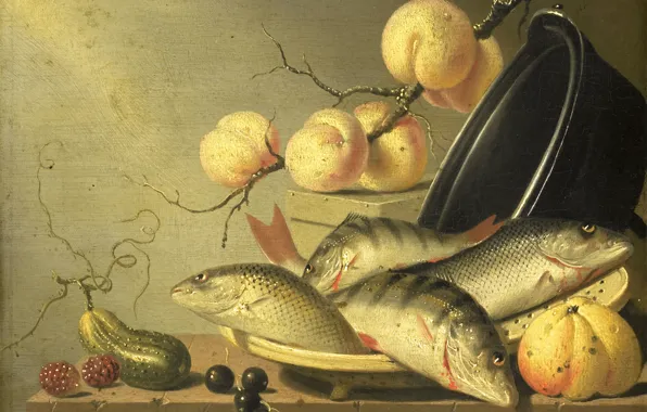 Картинка дерево, масло, еда, картина, Хармен ван Стенвейк, Натюрморт с Рыбами и Фруктами