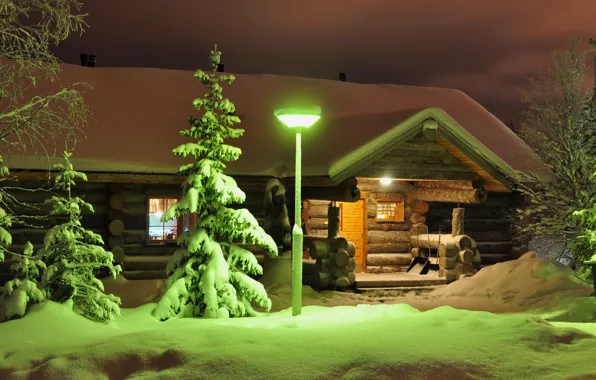 Картинка зима, свет, снег, деревья, ночь, ель, фонарь, домик
