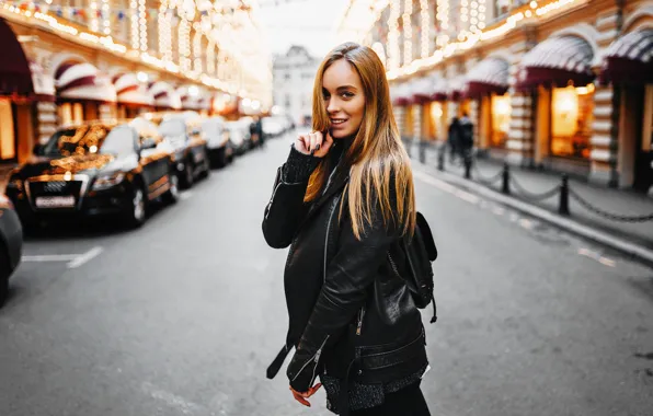 Картинка girl, road, Model, long hair, cars, photo, blue eyes, street