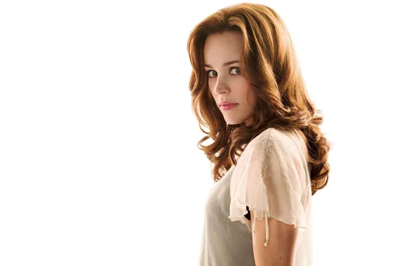 Взгляд, портрет, актриса, белый фон, шатенка, красотка, Rachel McAdams, Рэйчел Макадамс