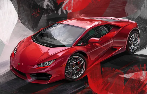 Red, Car, Illustration, Supercar, Lamborghini Huracan, Aleksandr Sidelnikov, red lambo