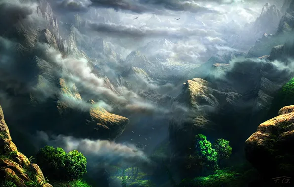 Зелень, облака, деревья, горы, скалы, высота, арт, Fel-X