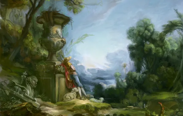 Картинка деревья, пейзаж, человек, овцы, шляпа, арт, ваза, скульптура