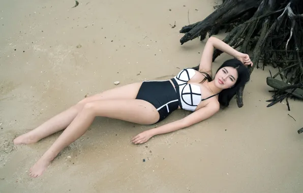 Swimsuit, Beautiful, Asian, Model, Beach, Sand, Woman, Pretty