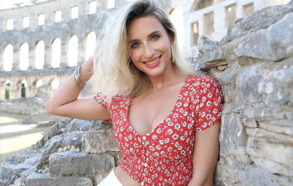 Cleavage, hot girl, model, awesome, ruins, blonde, outside, sexy woman