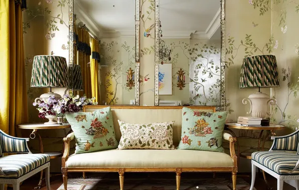 Дизайн, комната, обои, интерьер, зеркало, living room, мягкая мебель, by House & Garden