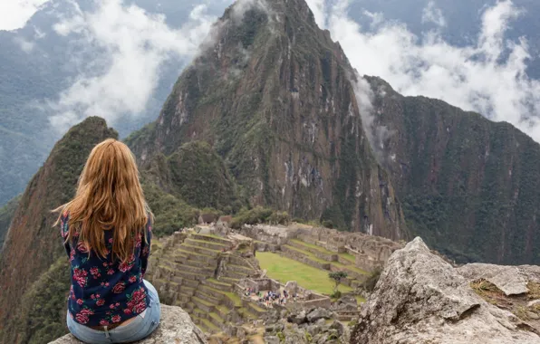 Girl, landscape, nature, clouds, Peru, Machu Picchu