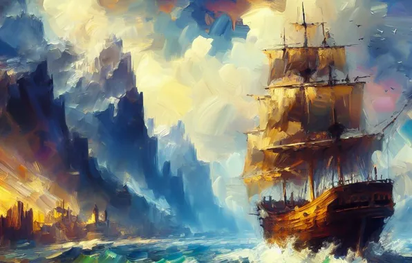 Море, волны, небо, облака, свет, закат, горы, скалы