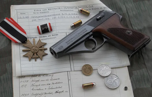 Картинка пистолет, войны, медаль, монеты, патроны, немецкий, 1944, мировой