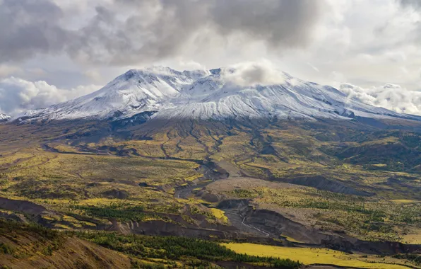 Картинка USA, forest, river, nature, autumn, mountains, volcano, glacier